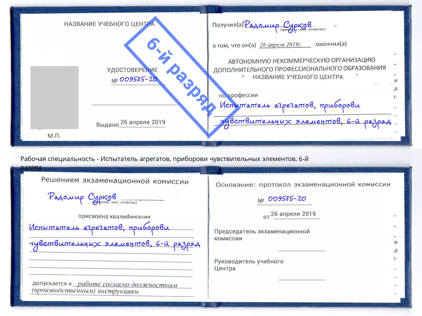 корочка 6-й разряд Испытатель агрегатов, приборови чувствительных элементов Тимашёвск