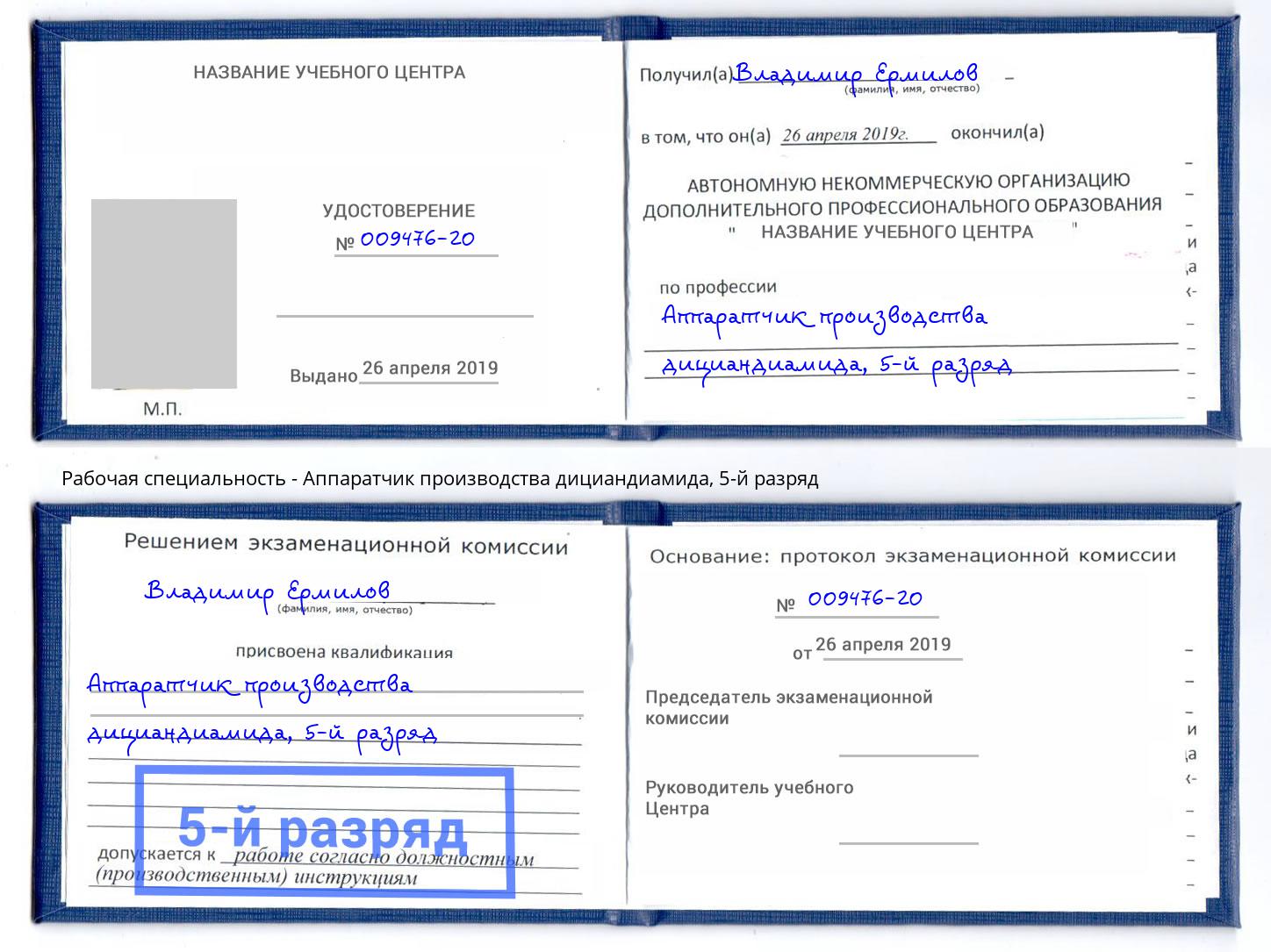 корочка 5-й разряд Аппаратчик производства дициандиамида Тимашёвск