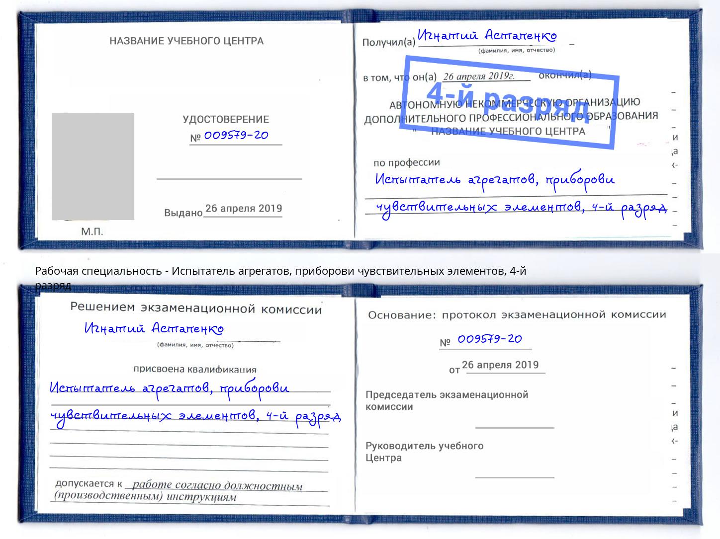 корочка 4-й разряд Испытатель агрегатов, приборови чувствительных элементов Тимашёвск