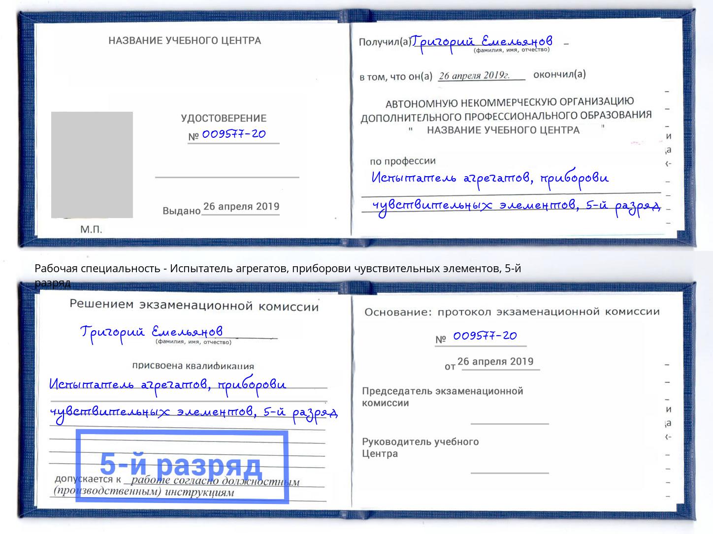 корочка 5-й разряд Испытатель агрегатов, приборови чувствительных элементов Тимашёвск