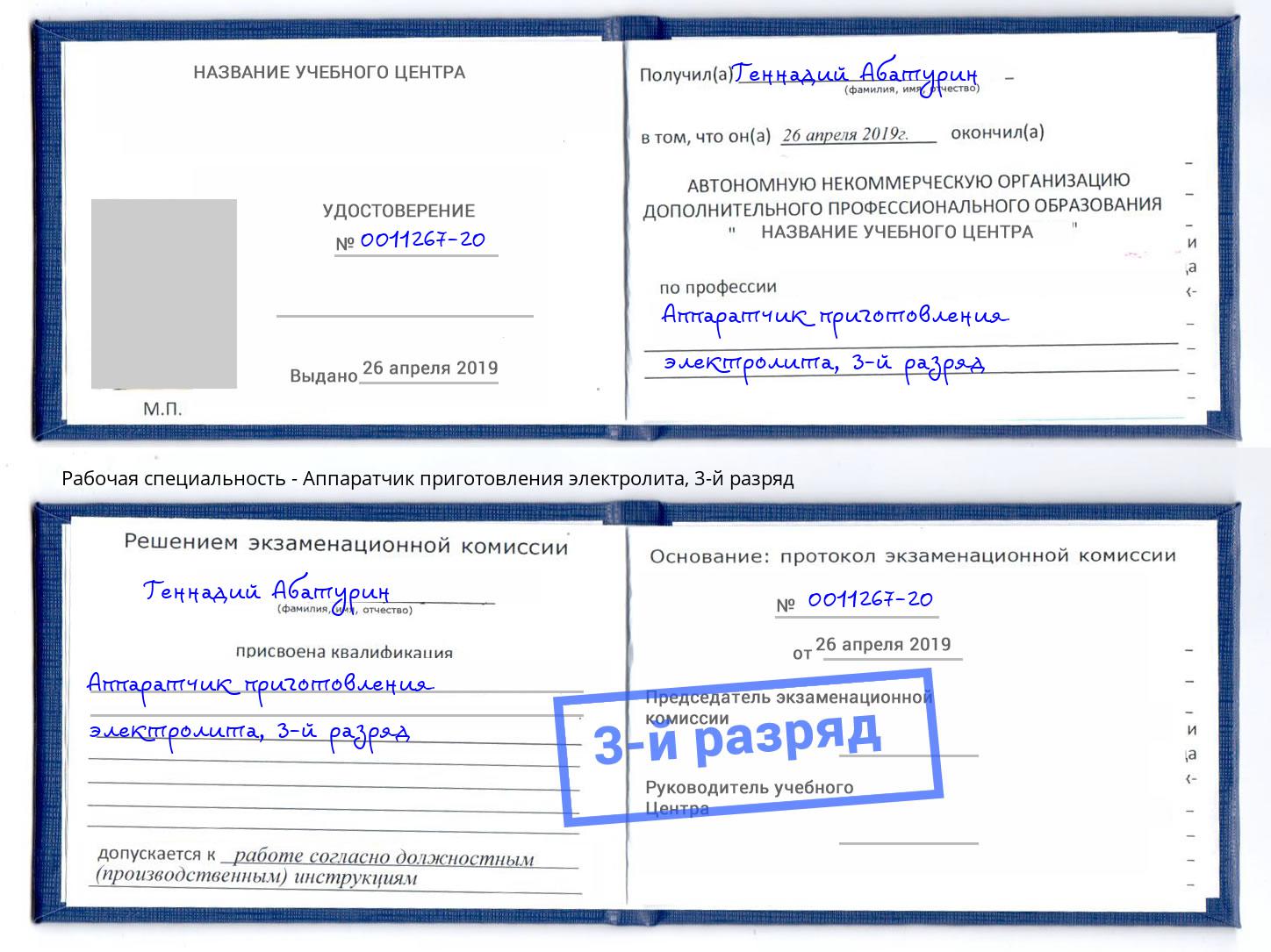 корочка 3-й разряд Аппаратчик приготовления электролита Тимашёвск