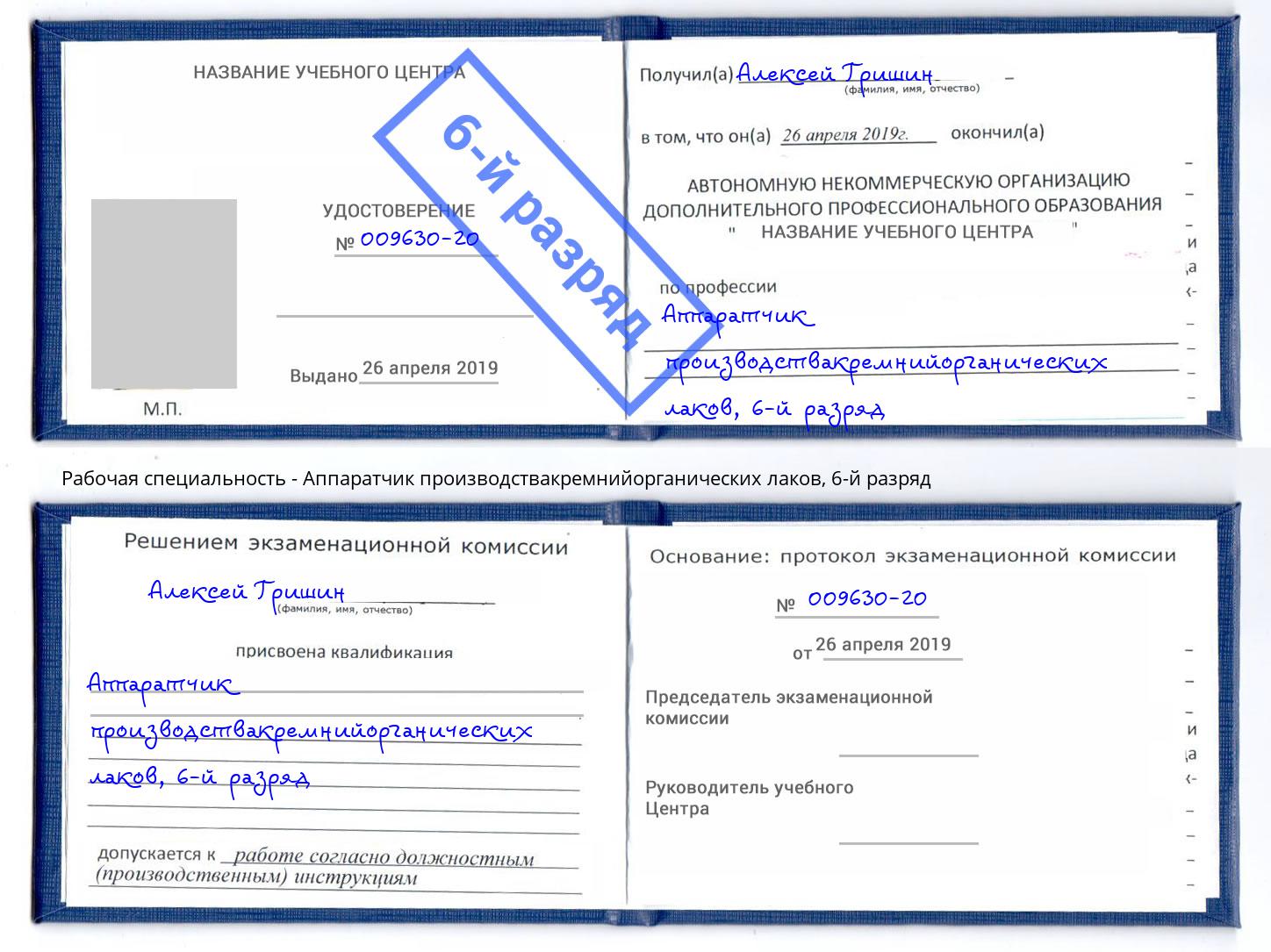 корочка 6-й разряд Аппаратчик производствакремнийорганических лаков Тимашёвск