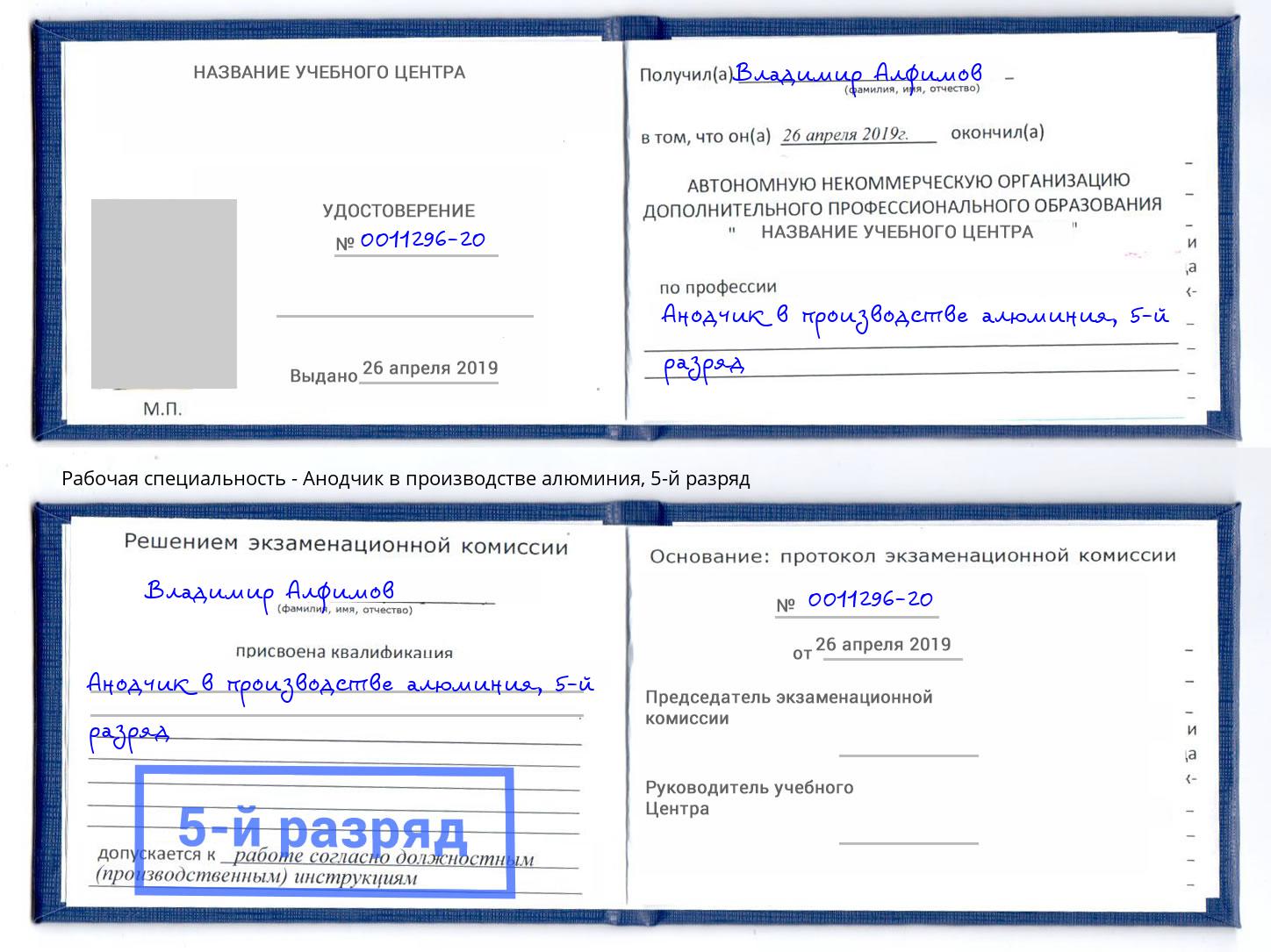 корочка 5-й разряд Анодчик в производстве алюминия Тимашёвск