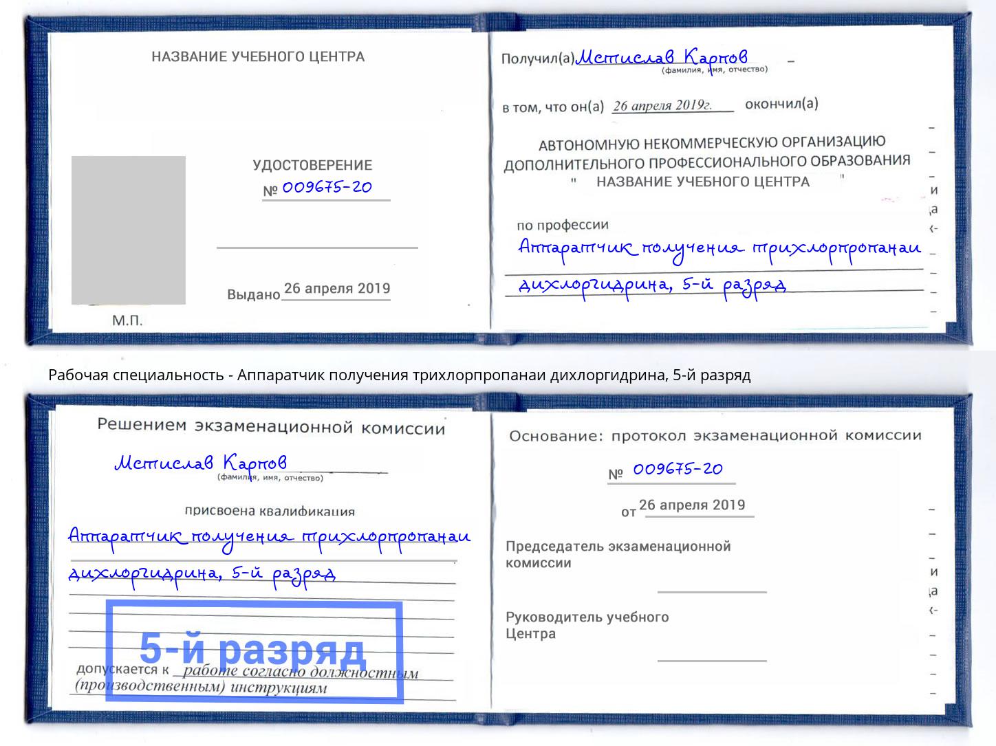 корочка 5-й разряд Аппаратчик получения трихлорпропанаи дихлоргидрина Тимашёвск