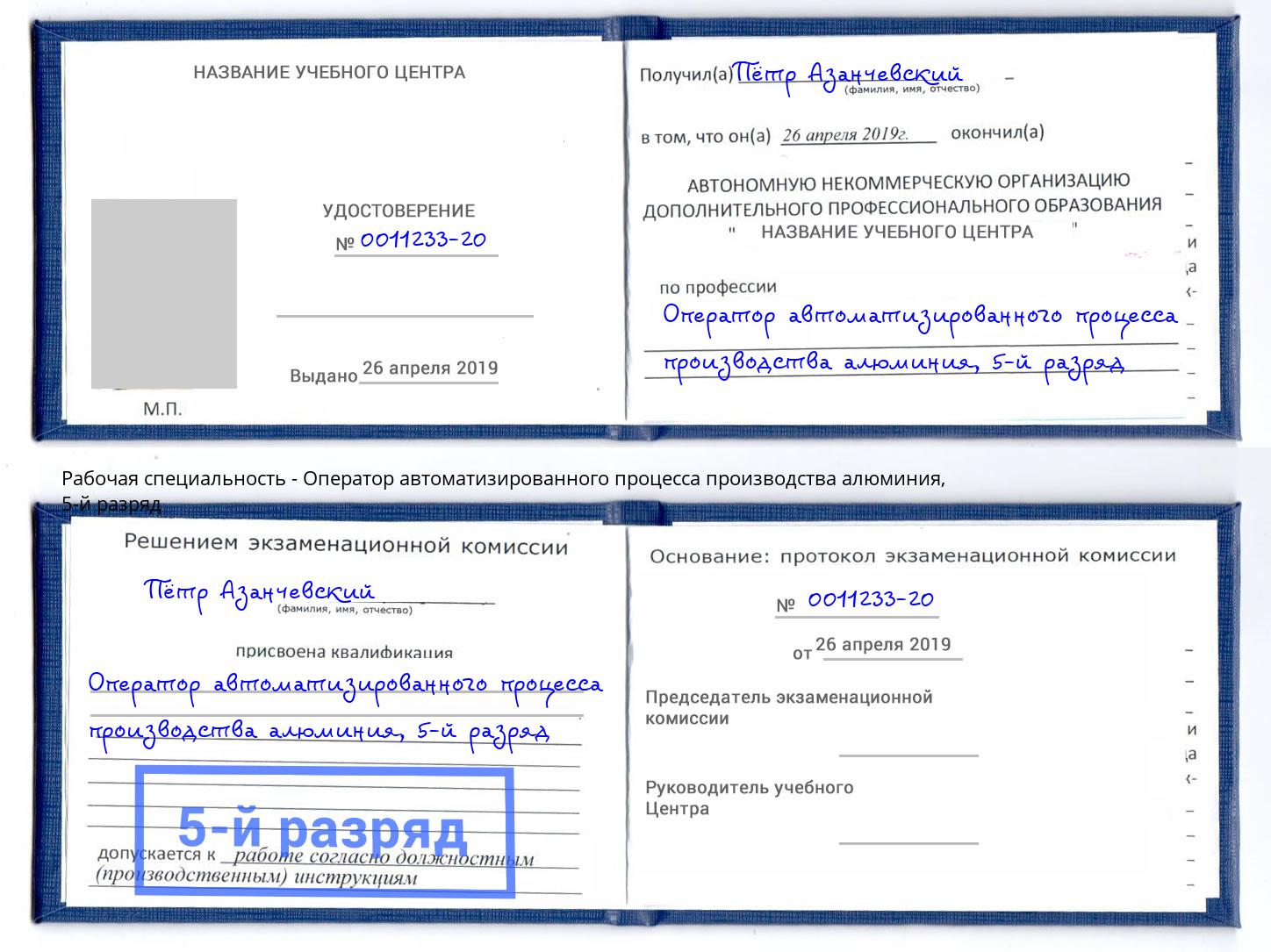корочка 5-й разряд Оператор автоматизированного процесса производства алюминия Тимашёвск