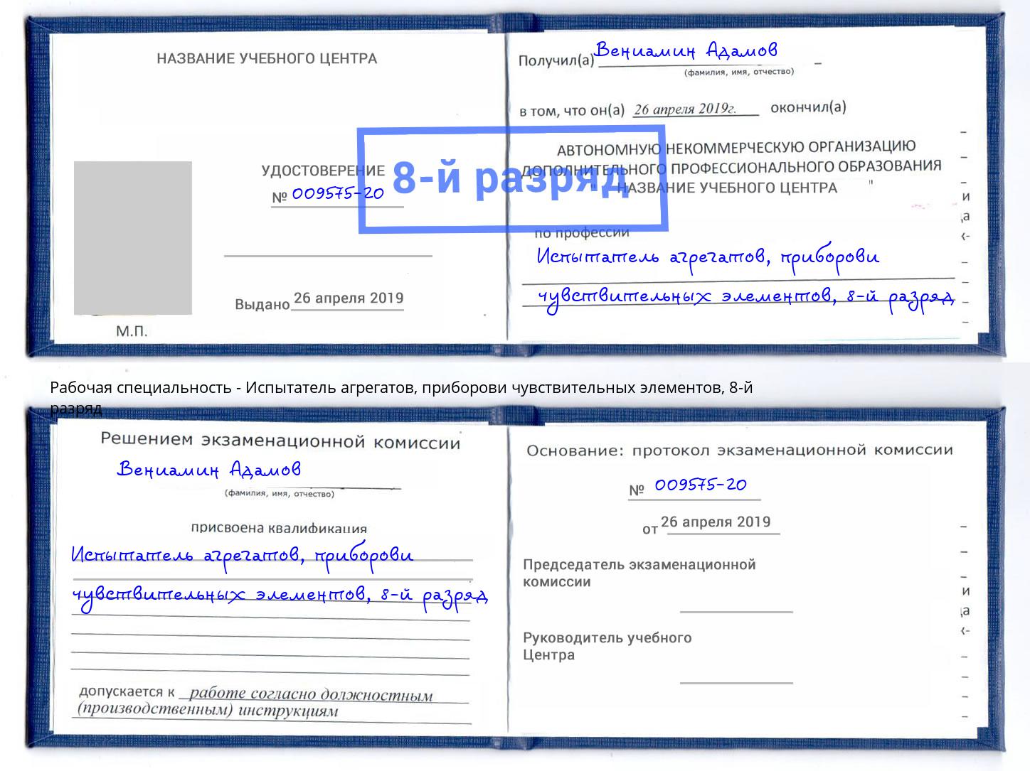 корочка 8-й разряд Испытатель агрегатов, приборови чувствительных элементов Тимашёвск